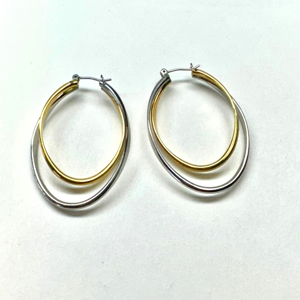 Double Hoop Oval Earrings‎ Gold & Silver Tone Metal Pierced Earring Set
